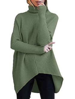 Womens Turtleneck Long Batwing Sleeve Asymmetric Hem Casual Pullover Sweater Knit Tops