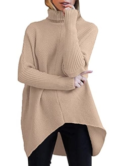 Womens Turtleneck Long Batwing Sleeve Asymmetric Hem Casual Pullover Sweater Knit Tops