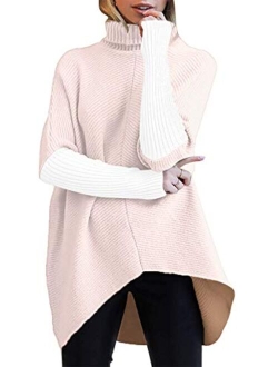 Womens Turtleneck Long Batwing Sleeve Asymmetric Hem Casual Pullover Sweater Knit Tops