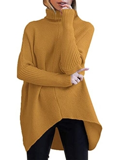 Womens Turtleneck Long Batwing Sleeve Asymmetric Hem Casual Pullover Sweater Knit Tops