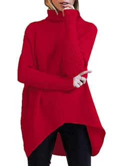 Womens Turtleneck Long Batwing Sleeve Asymmetric Hem Casual Pullover Sweater Knit Tops