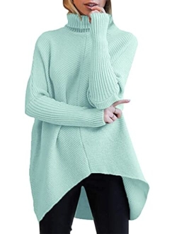 Womens Turtleneck Long Batwing Sleeve Asymmetric Hem Casual Pullover Sweater Knit Tops