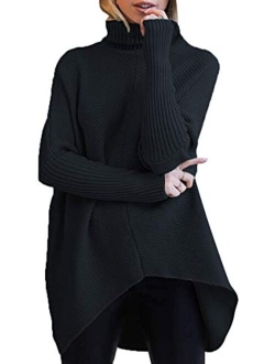 Womens Turtleneck Long Batwing Sleeve Asymmetric Hem Casual Pullover Sweater Knit Tops