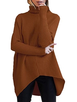 Womens Turtleneck Long Batwing Sleeve Asymmetric Hem Casual Pullover Sweater Knit Tops