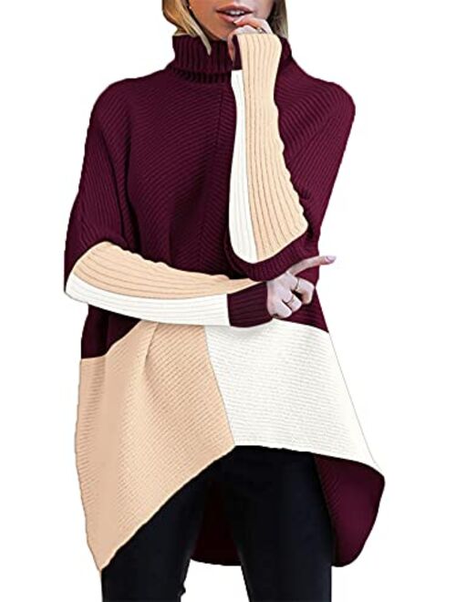 ANRABESS Womens Turtleneck Long Batwing Sleeve Asymmetric Hem Casual Pullover Sweater Knit Tops