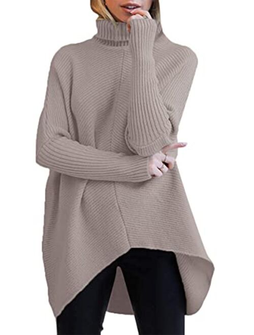 ANRABESS Womens Turtleneck Long Batwing Sleeve Asymmetric Hem Casual Pullover Sweater Knit Tops