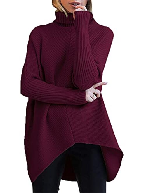 ANRABESS Womens Turtleneck Long Batwing Sleeve Asymmetric Hem Casual Pullover Sweater Knit Tops