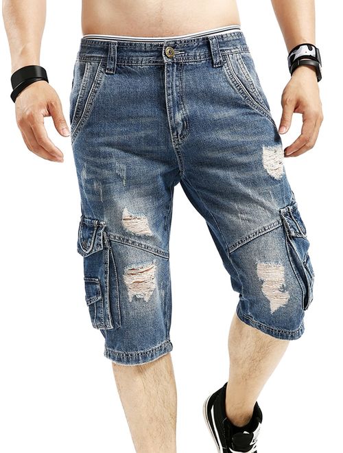 Idopy Men`s Cargo Denim Biker Jeans Shorts with Zippers