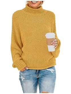 Women's 2023 Turtleneck Batwing Sleeve Loose Oversized Chunky Knitted Pullover Sweater Jumper Tops