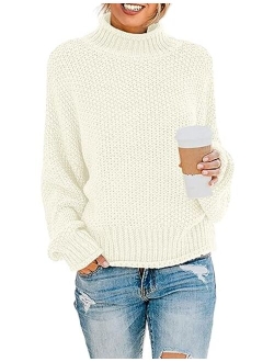 Women's 2023 Turtleneck Batwing Sleeve Loose Oversized Chunky Knitted Pullover Sweater Jumper Tops