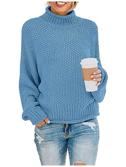 Women's 2023 Turtleneck Batwing Sleeve Loose Oversized Chunky Knitted Pullover Sweater Jumper Tops
