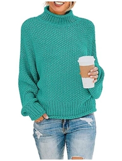 Women's 2023 Turtleneck Batwing Sleeve Loose Oversized Chunky Knitted Pullover Sweater Jumper Tops