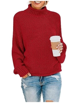 Women's 2023 Turtleneck Batwing Sleeve Loose Oversized Chunky Knitted Pullover Sweater Jumper Tops