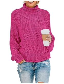 Women's 2023 Turtleneck Batwing Sleeve Loose Oversized Chunky Knitted Pullover Sweater Jumper Tops