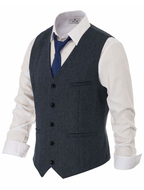 PJ PAUL JONES British Style Wool Tweed Suit Vest Mens Slim fit Vintage Waistcoat