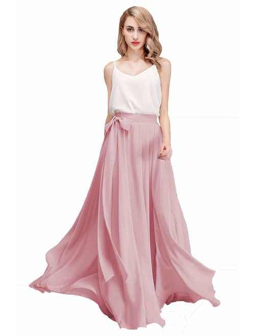 honey qiao Chiffon Maxi Skirt Bridesmaid Dresses Long High Waist Floor Ankle Length Elastic Women Dresses with Belt