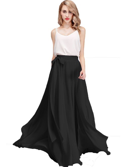 honey qiao Chiffon Maxi Skirt Bridesmaid Dresses Long High Waist Floor Ankle Length Elastic Women Dresses with Belt