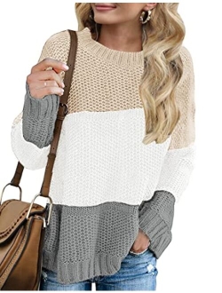 Women's Long Sleeve Crew Neck Striped Color Block Casual Loose Knitted Pullover Sweater Tops