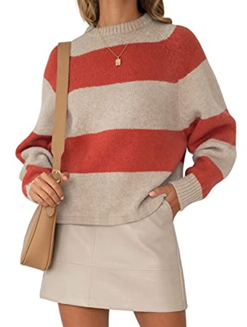 ZESICA Women's Long Sleeve Crew Neck Striped Color Block Casual Loose Knitted Pullover Sweater Tops