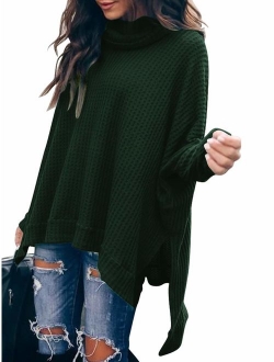 Caracilia Women Turtle Cowl Neck Long Batwing Sleeve Waffle Knit Pullover Sweaters Oversized Loose Fit High Low Tunic Tops
