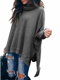 Caracilia Women Turtle Cowl Neck Long Batwing Sleeve Waffle Knit Pullover Sweaters Oversized Loose Fit High Low Tunic Tops