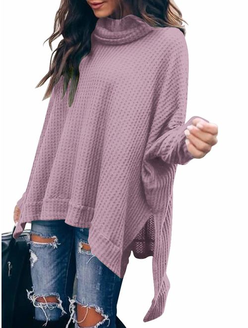 Caracilia Women Turtle Cowl Neck Long Batwing Sleeve Waffle Knit Pullover Sweaters Oversized Loose Fit High Low Tunic Tops