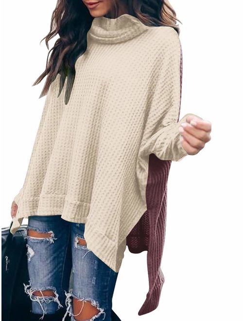 Caracilia Women Turtle Cowl Neck Long Batwing Sleeve Waffle Knit Pullover Sweaters Oversized Loose Fit High Low Tunic Tops