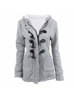 Womens Pea Coats Winter Outdoor Warm Wool Blended Classic Hoodies Jackets Casual Zip Up Button Long Outwears