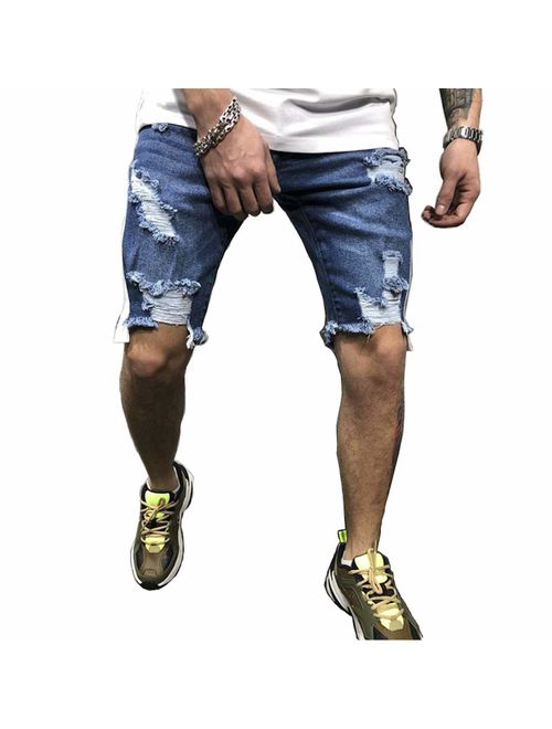 QINGYU Jean Shorts for Men,Summer Fashion Ripped Denim Shorts Blue Distressed Jeans with Hole