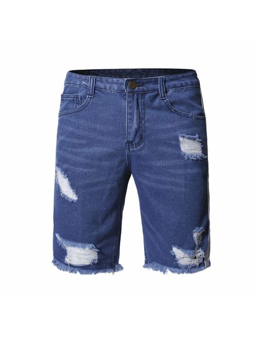 QINGYU Jean Shorts for Men,Summer Fashion Ripped Denim Shorts Blue Distressed Jeans with Hole