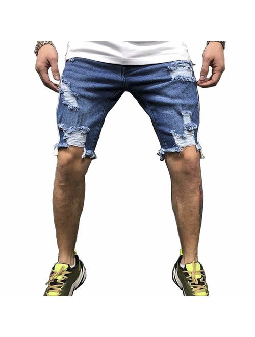 QINGYU Jean Shorts for Men,Summer Fashion Ripped Denim Shorts Blue Distressed Jeans with Hole