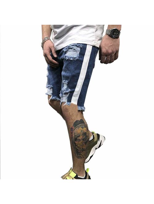 QINGYU Jean Shorts for Men,Summer Fashion Ripped Denim Shorts Blue Distressed Jeans with Hole