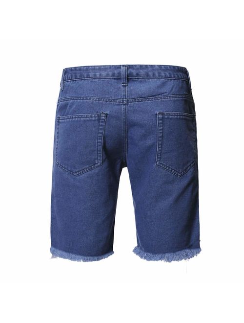 QINGYU Jean Shorts for Men,Summer Fashion Ripped Denim Shorts Blue Distressed Jeans with Hole