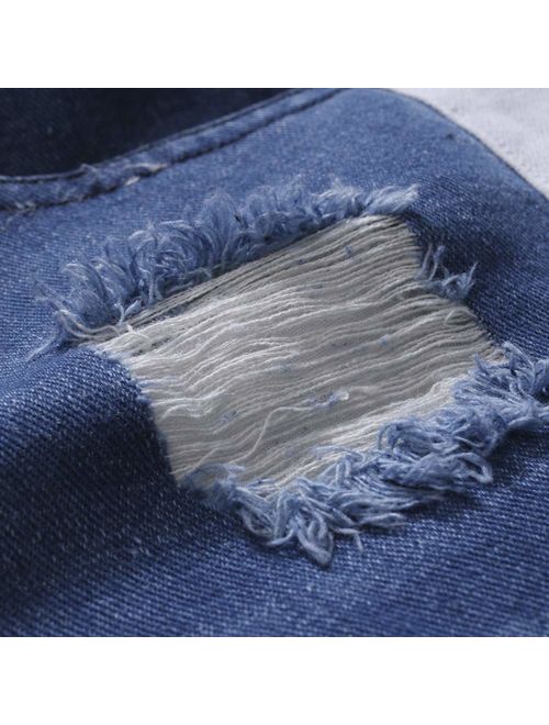 QINGYU Jean Shorts for Men,Summer Fashion Ripped Denim Shorts Blue Distressed Jeans with Hole