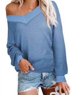 iGENJUN Women's Casual V-Neck Off-Shoulder Batwing Sleeve Pullover Sweater Tops