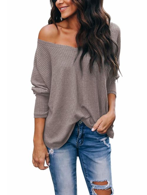 iGENJUN Women's Casual V-Neck Off-Shoulder Batwing Sleeve Pullover Sweater Tops