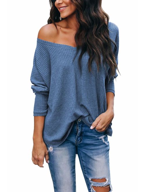 iGENJUN Women's Casual V-Neck Off-Shoulder Batwing Sleeve Pullover Sweater Tops