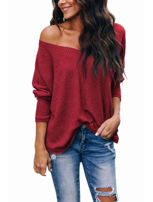 iGENJUN Women's Casual V-Neck Off-Shoulder Batwing Sleeve Pullover Sweater Tops