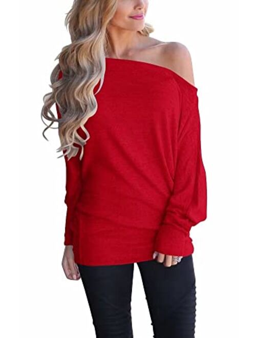 LACOZY Women's Off Shoulder Long Sleeve Oversized Pullover Sweater Knit Jumper Loose Tunic Tops