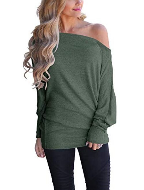 LACOZY Women's Off Shoulder Long Sleeve Oversized Pullover Sweater Knit Jumper Loose Tunic Tops