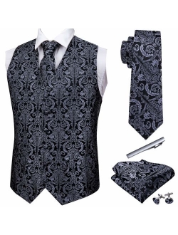 Barry.Wang Formal Men Dress Vest Matched Paisley Tie Set Suit Waistcoat Wedding 5PCS