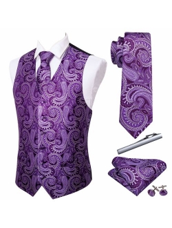 Barry.Wang Formal Men Dress Vest Matched Paisley Tie Set Suit Waistcoat Wedding 5PCS