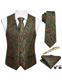 Barry.Wang Formal Men Dress Vest Matched Paisley Tie Set Suit Waistcoat Wedding 5PCS