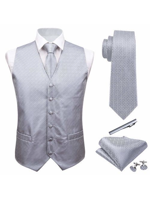 Barry.Wang Formal Men Dress Vest Matched Paisley Tie Set Suit Waistcoat Wedding 5PCS