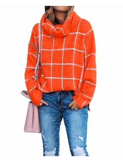 KIRUNDO 2019 Winter Women's Turtleneck Knit Sweater Long Sleeves Pullover Plaid Side Split Checked Outwear Loose Fit Tops