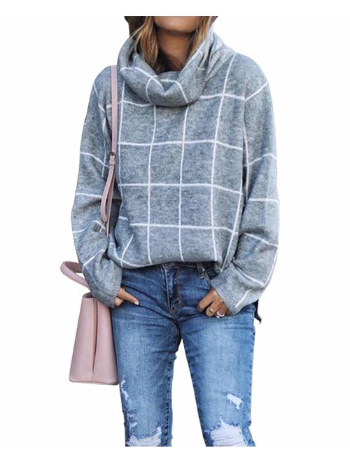 KIRUNDO 2019 Winter Women's Turtleneck Knit Sweater Long Sleeves Pullover Plaid Side Split Checked Outwear Loose Fit Tops