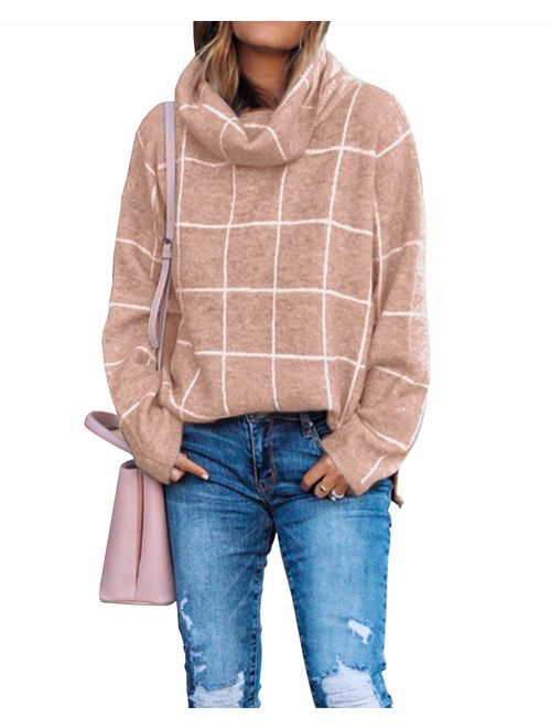 KIRUNDO 2019 Winter Women's Turtleneck Knit Sweater Long Sleeves Pullover Plaid Side Split Checked Outwear Loose Fit Tops