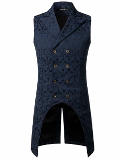 Mens Gothic Steampunk Double Breasted Jacquard Brocade Vest Waistcoat Sleeveless Tailcoat