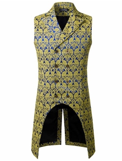 Mens Gothic Steampunk Double Breasted Jacquard Brocade Vest Waistcoat Sleeveless Tailcoat
