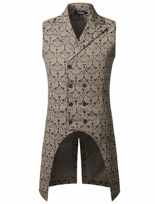 ZEROYAA Mens Gothic Steampunk Double Breasted Jacquard Brocade Vest Waistcoat Sleeveless Tailcoat